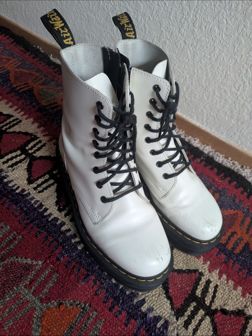 Dr. Martens White Leather Lace-Up Combat Boots with Black Laces